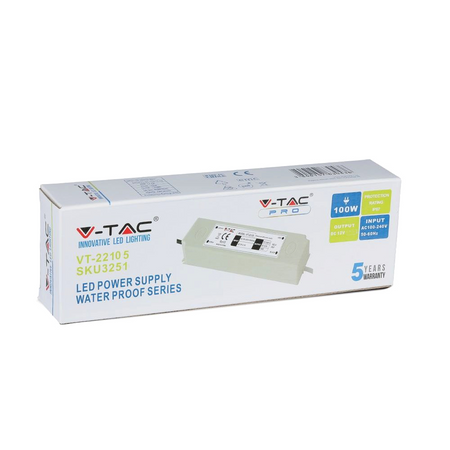 Zasilacz LED V-TAC 100W 12V 8.3A IP67 Hermetyczny Filtr EMI VT-22105 5 Lat Gwarancji