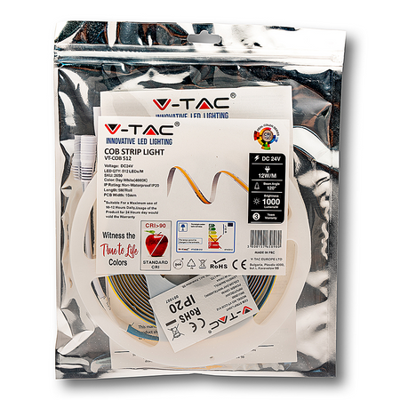 Taśma LED V-TAC COB 512LED 24V CRI90+ 12W/m VT-512 4000K 1000lm 3 Lata Gwarancji