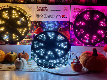DECORLIGHT™ LAMPKI CHOINKOWE BIAŁY ZIMNY SZPULA 1000 LED ZEWNĘTRZNE HERMETYCZNE EFEKTY FLASH